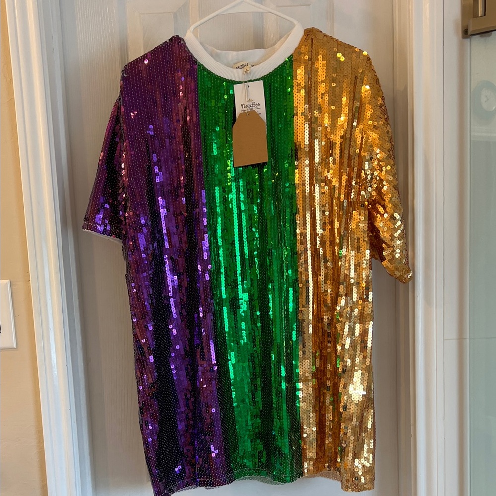 Mardi Gras NOLA BOO Woman Full Sequin Shirt - Purple, Green, Gold
